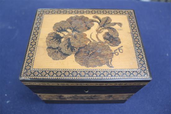 A Victorian Tunbridgeware tea caddy and a letter box